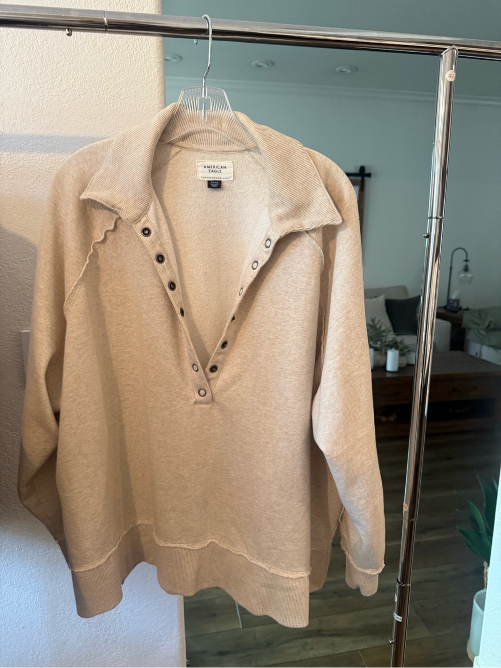 American Eagle Outfitters Tan Snap-Placket Cowl Pullover
